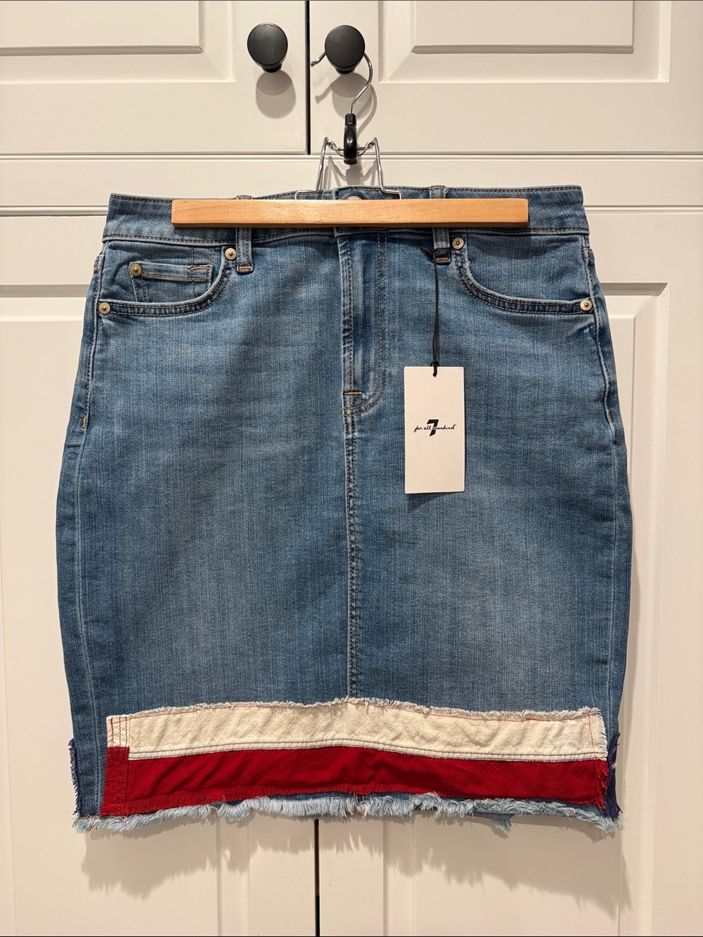 7 For All Mankind Denim Pencil Skirt with Vintage US Flag Patches & Frayed Hem